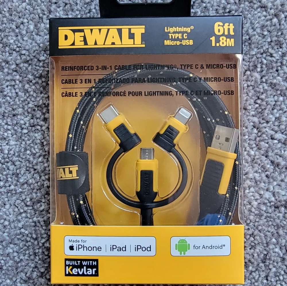 DEWALT Reinforced 3-in-1 Cable for Lightning, USB-C and Micro-USB